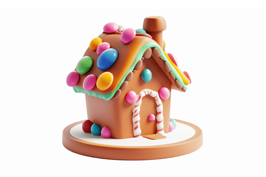 Colorful Gingerbread House Decorated with Candy Toppings on a Round Base png