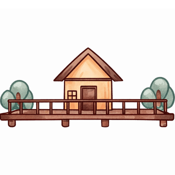 Charming Cottage Illustration with Wooden Deck and Lush Trees on Transparent Background png