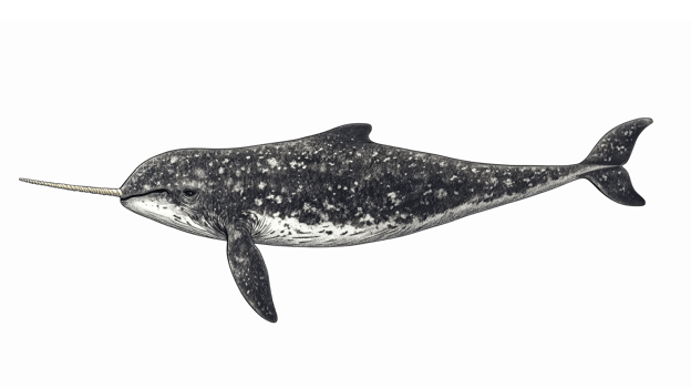 Realistic Narwhal Swimming in Ocean with Long Tusks and Unique Patterns on Transparent Background png
