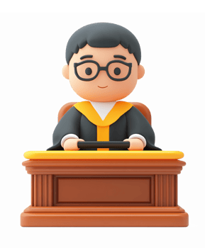 Judge Character Sitting at Desk with Gavel and Judging Robe in Colorful Cartoon Style png