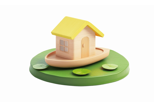 Whimsical Wooden House on Leafy Pond with Floating Lilypads and Bright Yellow Roof png