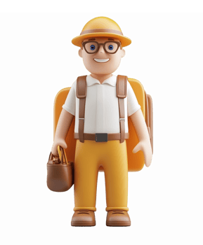 Friendly Male Construction Worker Character with Tools and Backpack in Bright Colors on Transparent Background png