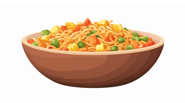 Delicious Vegetable Noodles in Wooden Bowl Colorful Asian Dish with Fresh Ingredients png