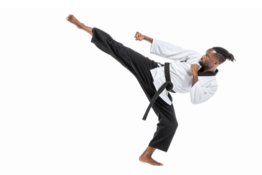 Martial Artist Performing High Kick in Traditional Attire with Black Belt Transparent Background png