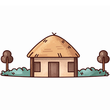 Charming Rustic Cottage Surrounded by Lush Greenery and Trees with a Simple Thatched Roof png