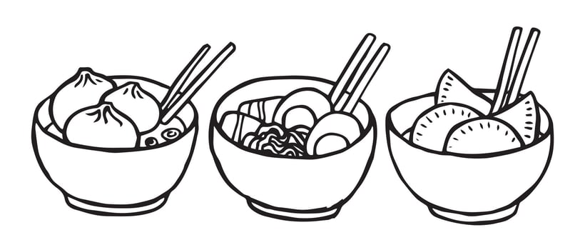 asian cuisine, noodle and dumplings dishes set, cute doodle illustration vector