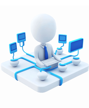 3D Character Managing Network Connections with Multiple Screens and Data Flow png