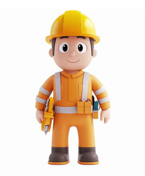 Cheerful Construction Worker Character with Yellow Hard Hat and Tools in Bright Orange Outfit png
