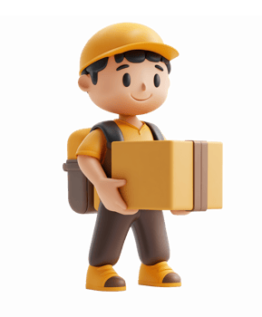 Delivery Person Holding Package Cartoon Character with Yellow Cap and Backpack on Transparent Background png