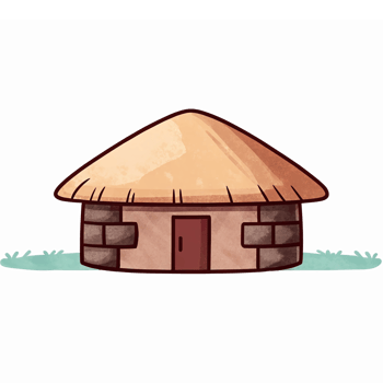 Thatched Roof Round House Illustration with Stone Base and Green Grass Background png