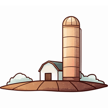 Charming Farm Scene with Barn and Grain Silo Surrounded by Green Fields and Clouds png