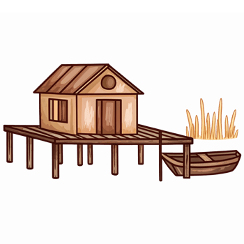 Wooden House on Dock with Boat and Grass by Water in a Scenic Nature Setting png