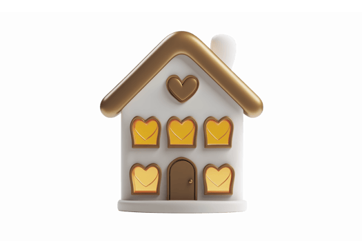 Cute Three-Story House with Heart-Shaped Windows and a Charming Roof Design png