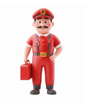 Friendly Cartoon Plumber Character in Red Uniform with Tool Case and Mustache png