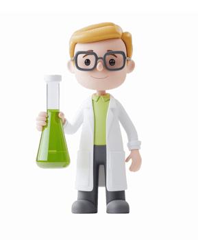 Cartoon Scientist Character Holding Green Flask in Lab Coat for Education and Science Themes png