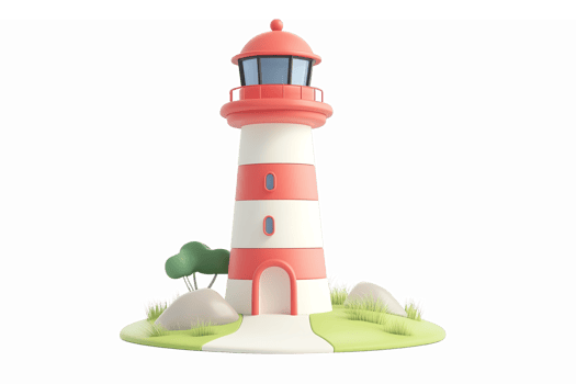 Colorful Cartoon Lighthouse on Green Island with Rocks and Plants in 3D png