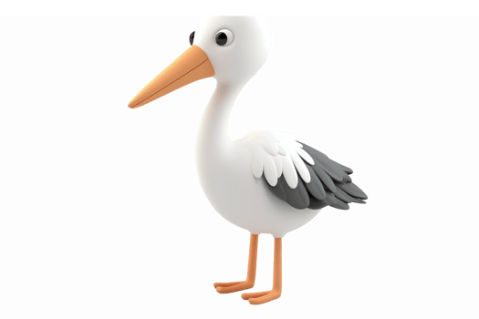 Cartoon Stork Character with Colorful Beak and Textured Wings for Baby Shower and Nursery Decor png