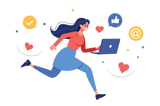 Animated Brunette Woman Running with Laptop with Social Media Icons on White vector