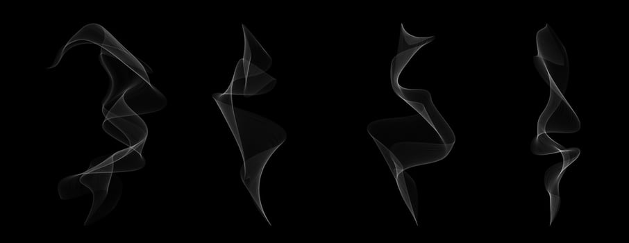 Realistic smoke and steam set on black background. White vapor trails from coffee, tea, food or fire. Detailed 3D elements for warm design, explosion, cigar or BBQ effect. vector