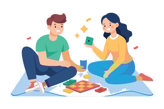 Smiling Couple Playing Board Game with Dice on a Light Blue Play Mat on white vector