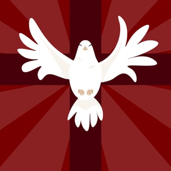 White flying dove Holy Spirit on dark red background and silhouette of cross for Pentecost holiday vector