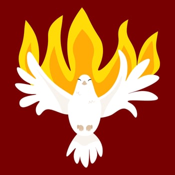 White flying dove Holy Spirit on dark red background with fire for Pentecost holiday vector