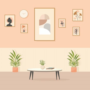 living room interior design with wall pictures and table flat illustration. vector