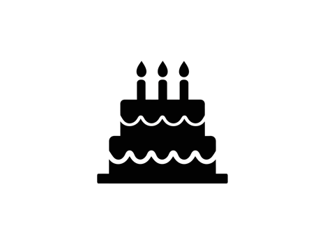 A black silhouette of a tiered cake is topped with three lit candles, suggesting a celebration. cutouts png