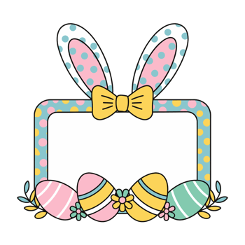 A colorful rectangular frame is adorned with pastel bunny ears and a yellow bow at the top cutouts png