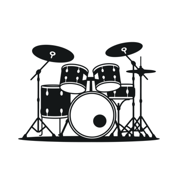 A black illustration depicts a drum kit with two cymbals, three toms, a snare, and a bass drum cutouts png