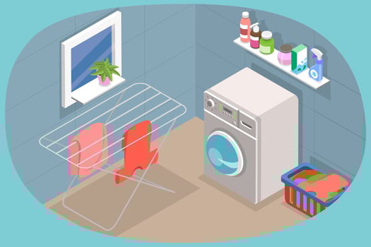 3D Isometric Flat Conceptual Illustration of Laundry Room Interior, Household scene with Washing Machine and other Laundry Stuff vector