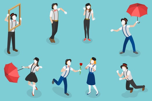 3D Isometric Flat Set of Mime Actors, Showing Pantomime, Silent Street Performers vector