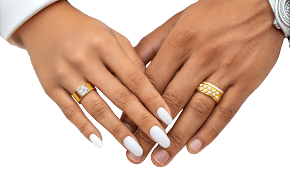 Bride and groom holding hands showing wedding rings, celebrating interracial marriage and cultural diversity png