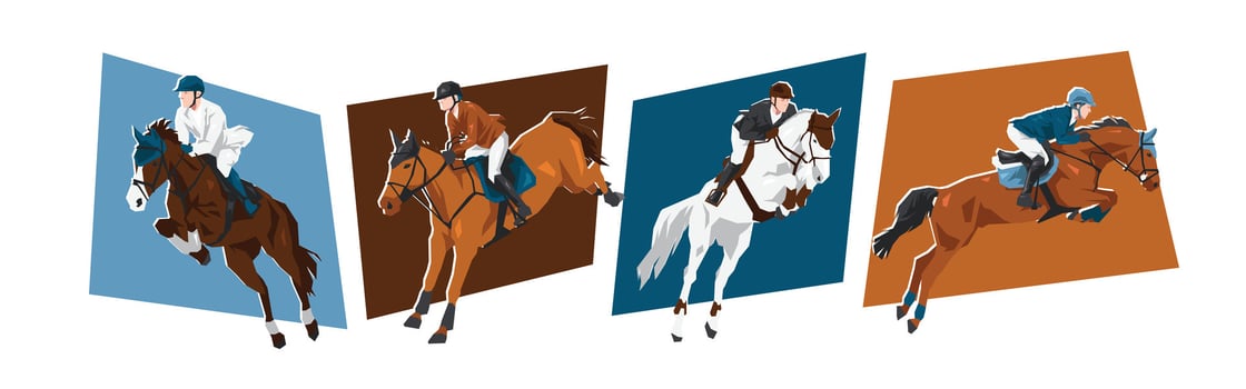 Horse and male jockey characters with action, different poses. Show jumping, equestrian sport. Cartoon flat illustration. vector