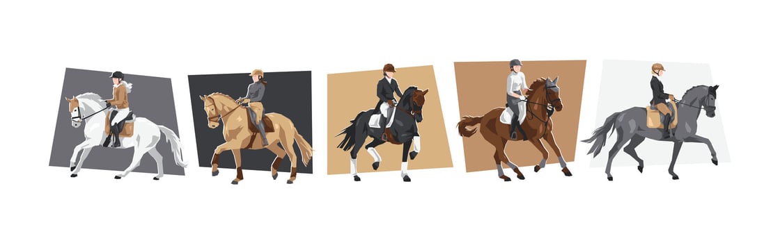 Horse and female jockey characters with action, different poses. Equestrian sport, dressage. Cartoon flat illustration. vector