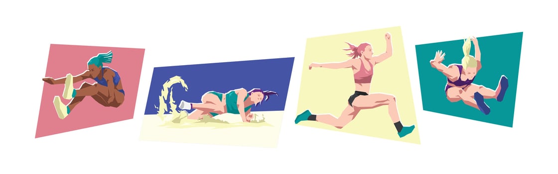Long jump, triple jump female athlete characters. Sport, running concept. Cartoon flat illustration. vector