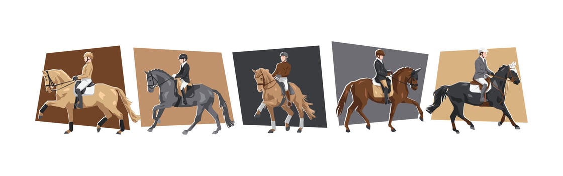 Horse and male jockey characters with action, different poses. Equestrian sport, dressage. Cartoon flat illustration. vector