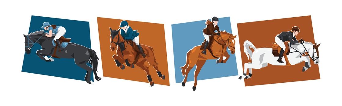 Horse and female jockey characters with action, different poses. Show jumping, equestrian sport. Cartoon flat illustration. vector
