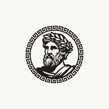ancient greek philosopher with wreath and greeks border logo design vector
