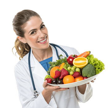 Nutritionist holding a plate of fresh fruits and vegetables health clinic portrait bright environment professional concept png