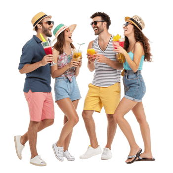 Fun group of friends enjoying colorful cocktails at a beach bar vibrant atmosphere candid moment sunny day png