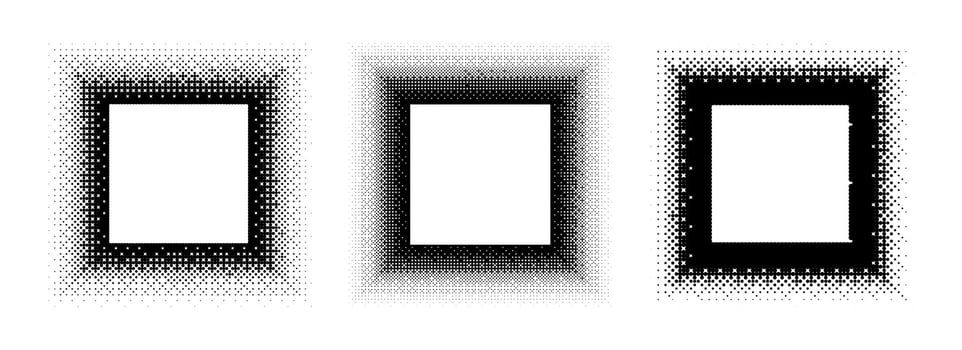 Black halftone square frame set. Dotted 8 bit gradient border collection. Pop art comic picture holder design for banner template, emblem, poster, box, copy space. Rasterized game element pack vector