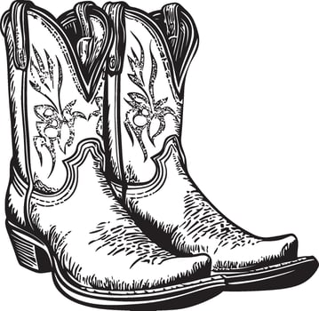 Lovely Vintage Cowboy Boot Line Art Illustration Western Footwear Sketch vector