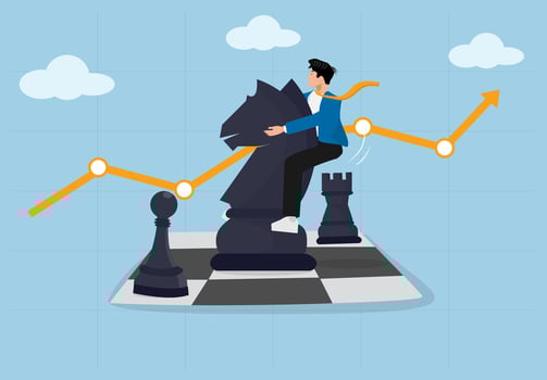 Strategic Business Growth and Leadership. Businessman Riding Chess Knight Representing success, financial growth, and decision making. vector