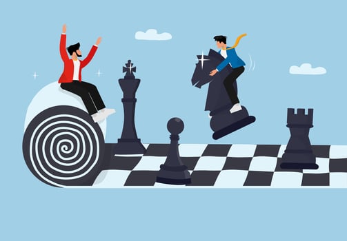 Business Strategy, Leadership, and Competition Concept. Two businessmen playing chess representing decision-making, risk management, and corporate success. vector