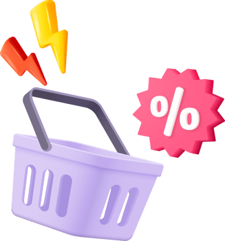 3D shopping cart with price tags for shopping. basket and promotion on shopping bag for discount png