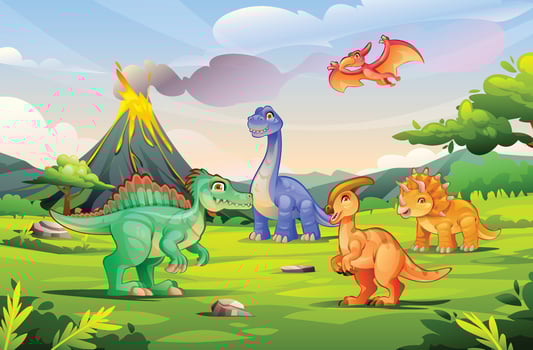 Cute dinosaurs playing in a prehistoric jungle with a volcano erupting in the background. Cartoon illustration vector