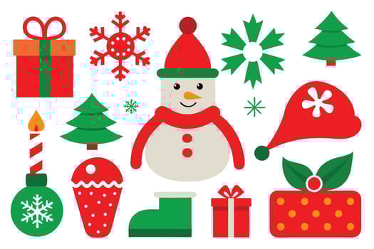 Festive Christmas Collection featuring Snowman, Gift, Ornaments on White Background vector