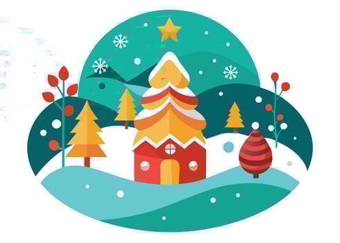 Winter Trees with Cottage and Berry Branches, Colorful Christmas Landscape vector