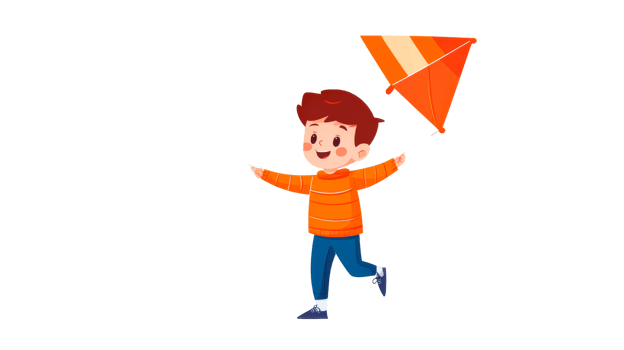 Boy flying orange kite, childhood joy, fun outdoors, happy kid, cut out transparent png